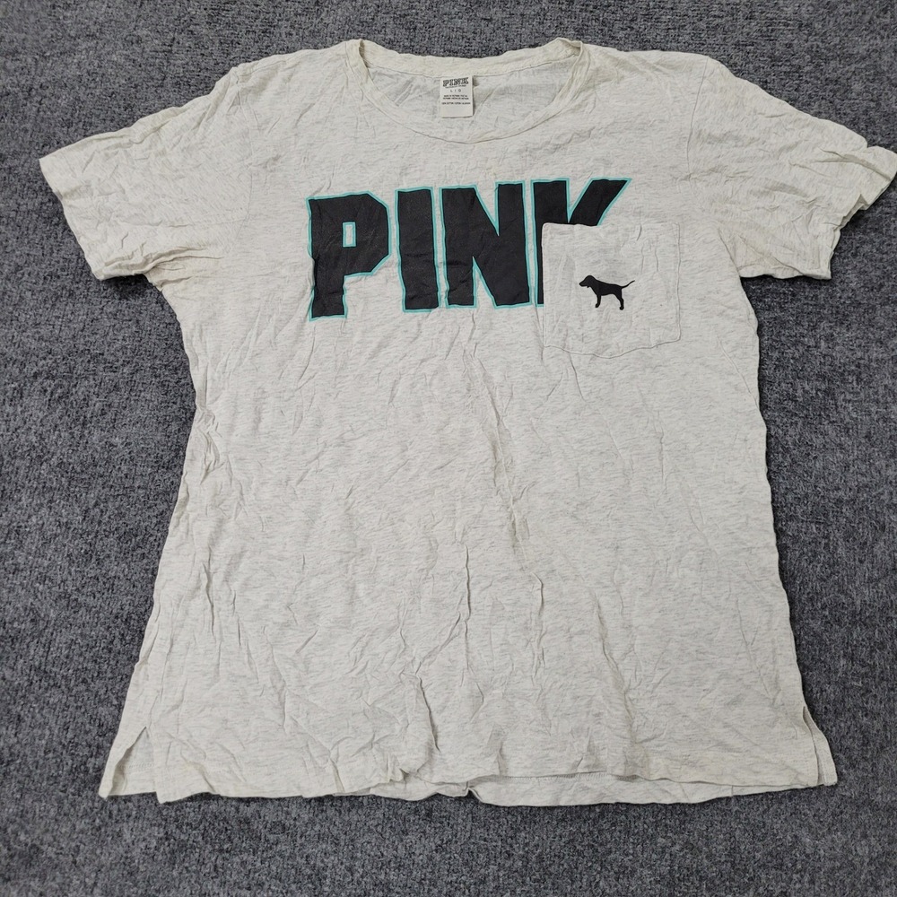 Pink Victoria's Secret T-Shirt Womens Size L Grey Cotton Logo Pocket Tee